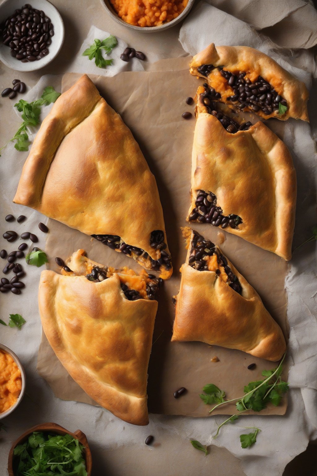 A high-resolution photo of a sweet potato and black bean calzone showing orange mash and beans in a golden crust, under soft lighting.