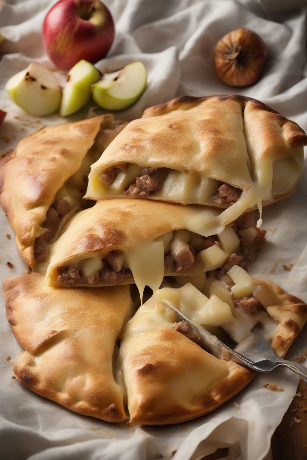A high-resolution photo of an apple and sausage calzone cut to reveal diced apples and melted cheese inside, under soft lighting.