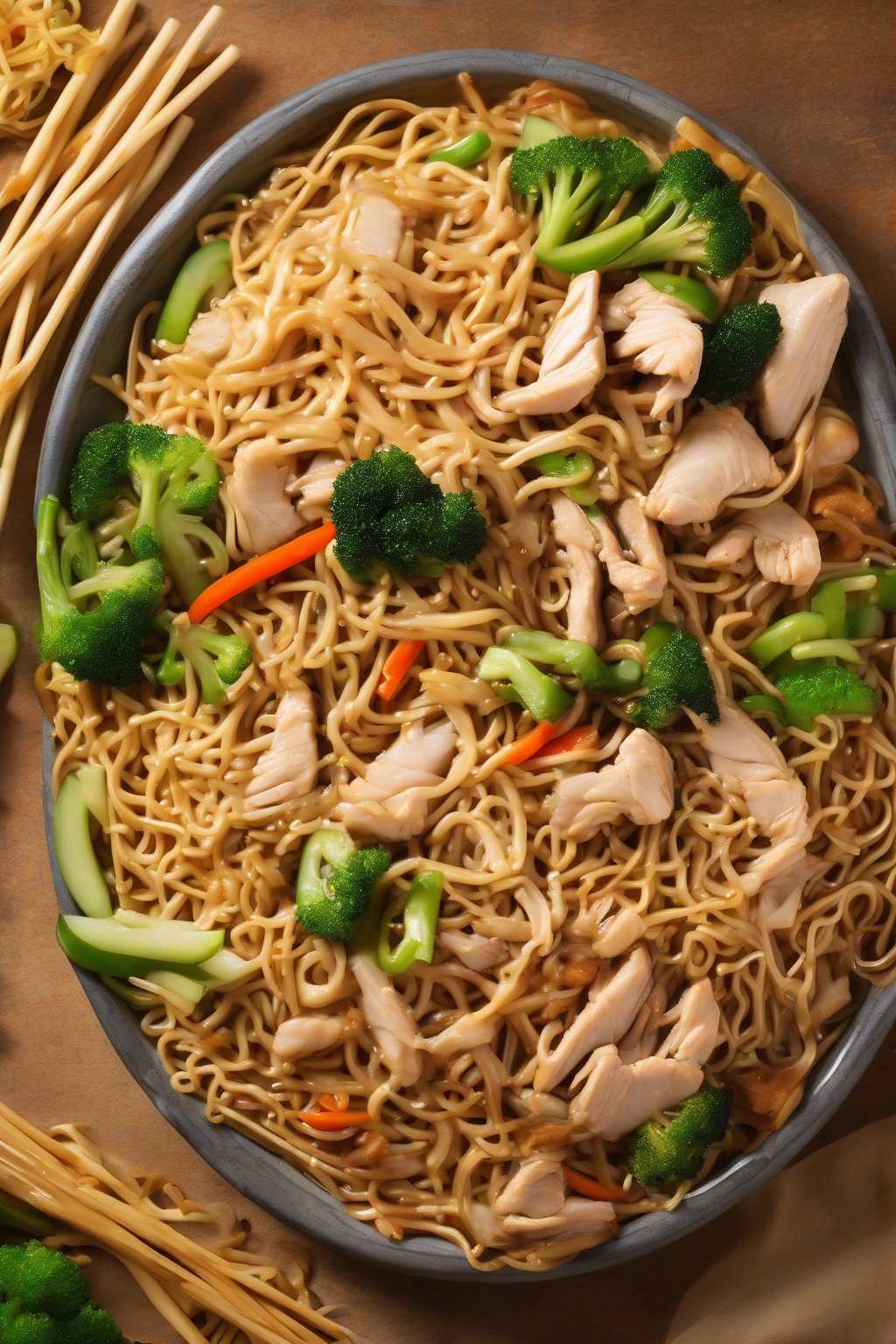 A high-resolution photo of steaming classic chicken chow mein with golden noodles, sliced chicken, and vibrant veggies under soft lighting.