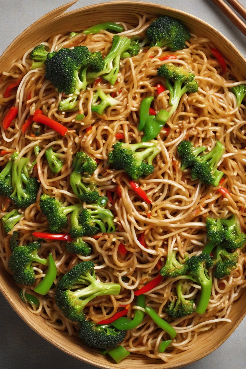 A high-resolution photo of colorful veggie-packed chow mein with broccoli, peppers, and glossy noodles under soft lighting.