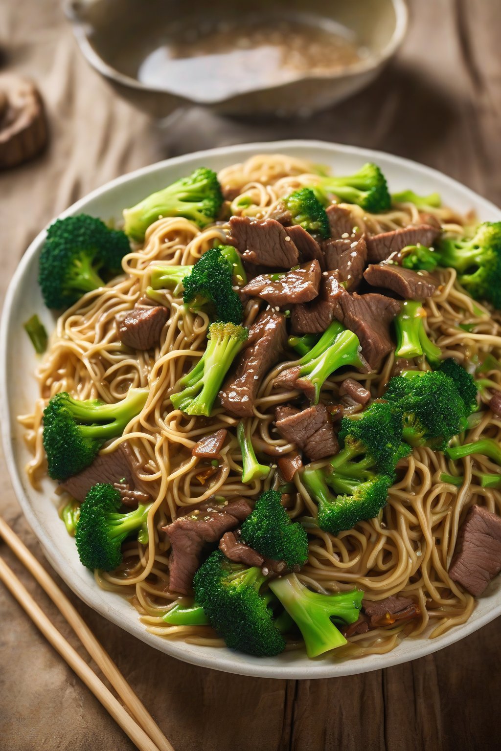 A high-resolution photo of beef and broccoli chow mein with tender meat slices and bright green florets over noodles under soft lighting.