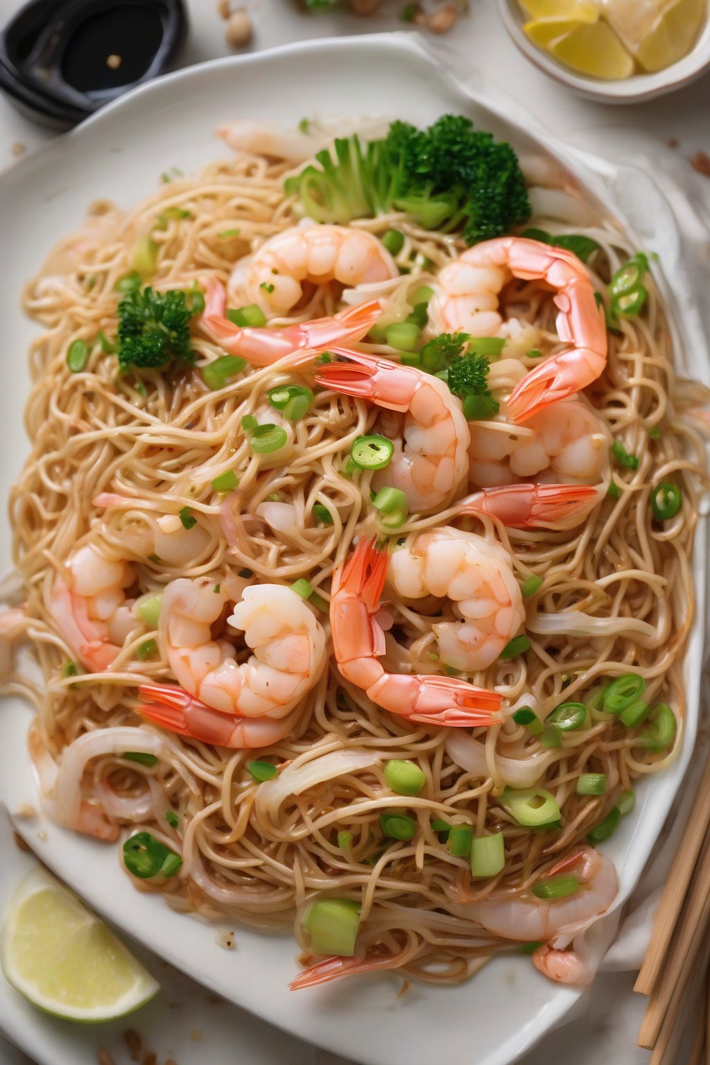 A high-resolution photo of shrimp chow mein with pink shrimp, bean sprouts, and tangled noodles under soft lighting.