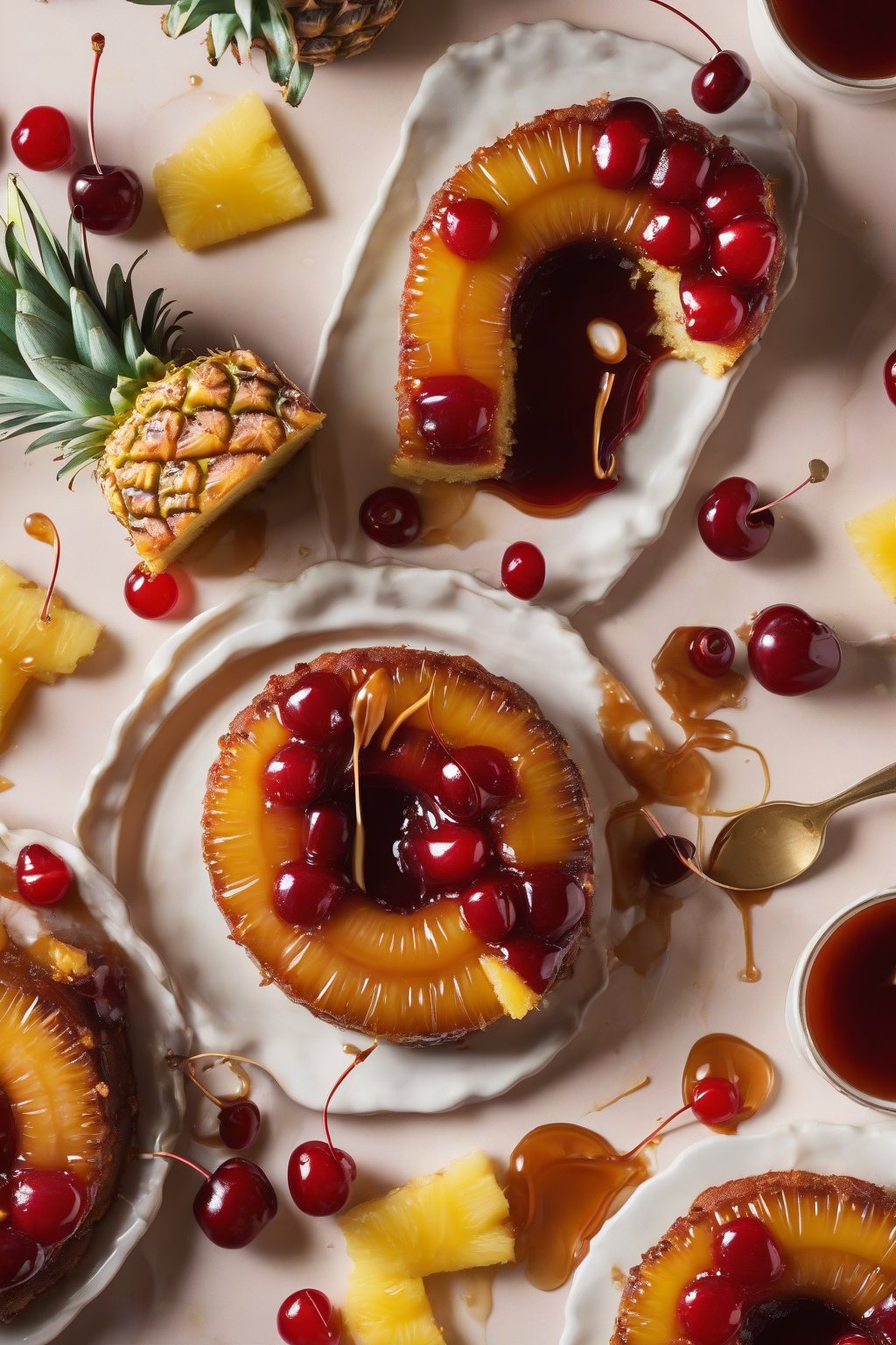 A high-resolution photo of a pineapple upside-down cake with glistening rings, cherries, and caramel sauce, sliced warmly, under soft lighting.