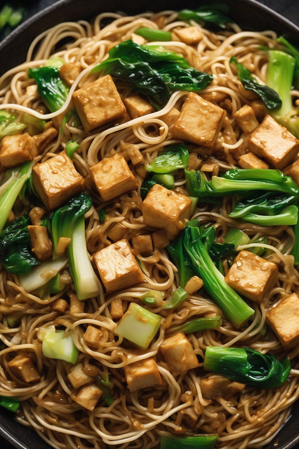 A high-resolution photo of tofu chow mein with golden cubes, bok choy, and saucy noodles under soft lighting.