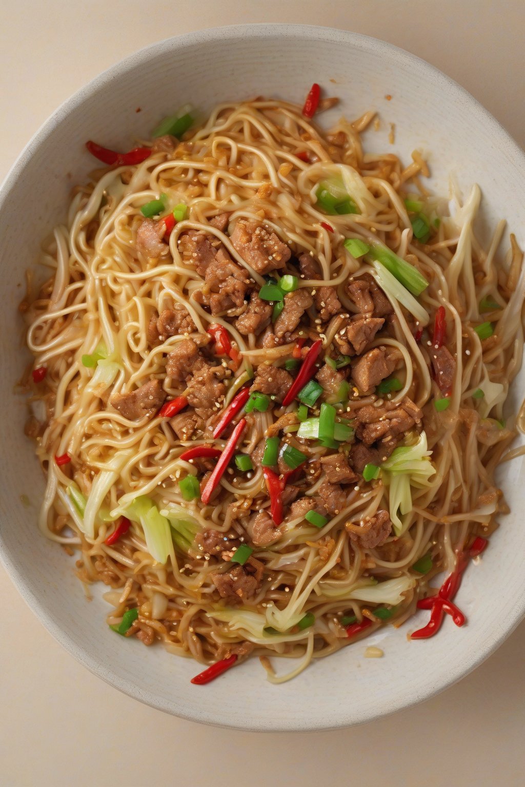 A high-resolution photo of spicy pork chow mein with ground pork, red chili flecks, and cabbage under soft lighting.