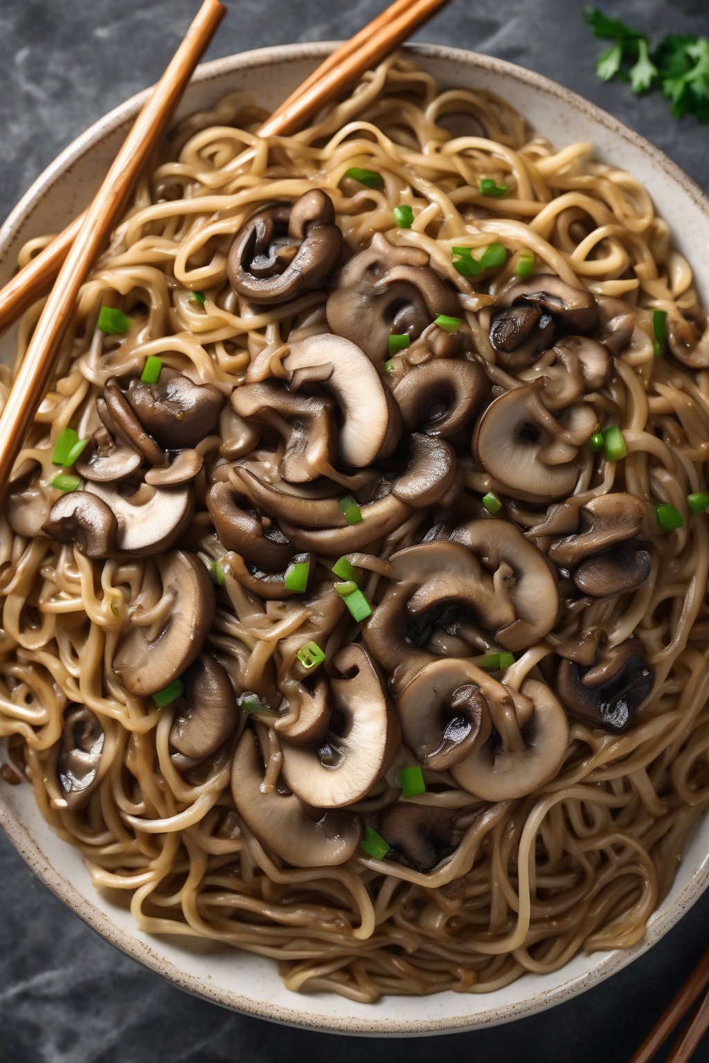 A high-resolution photo of mushroom chow mein with sliced mushrooms, caramelized onions, and glossy noodles under soft lighting.