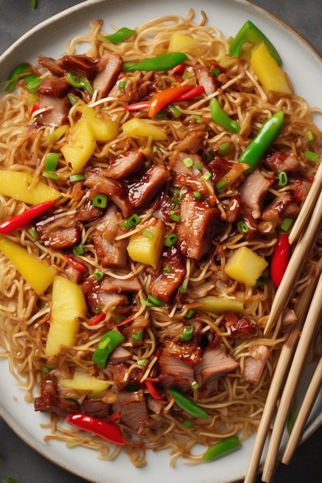 A high-resolution photo of BBQ pork chow mein with glazed pork slices, pineapple, and vibrant peppers under soft lighting.