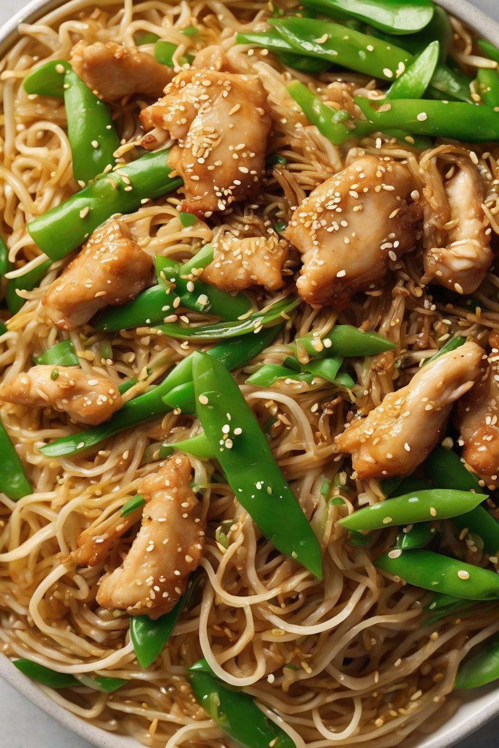 A high-resolution photo of sesame chicken chow mein with seed-crusted chicken, snow peas, and sticky noodles under soft lighting.