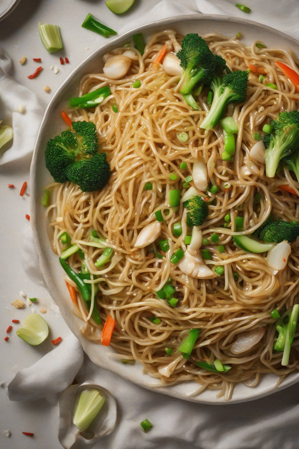 A high-resolution photo of garlic ginger chow mein with abundant sliced garlic, ginger flecks, and fresh veggies under soft lighting.