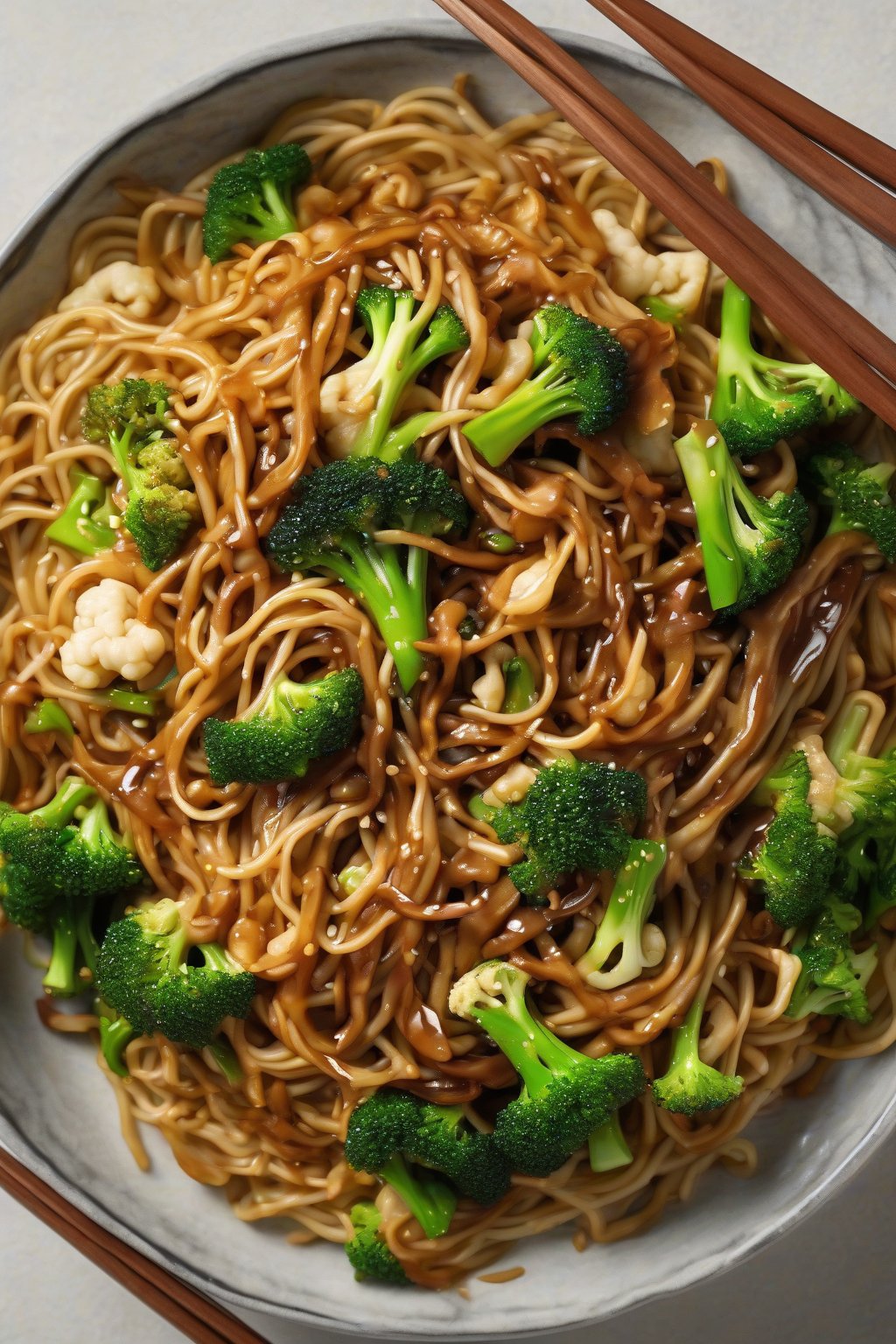 A high-resolution photo of teriyaki veggie chow mein with glossy sauce, broccoli, and cauliflower over noodles under soft lighting.