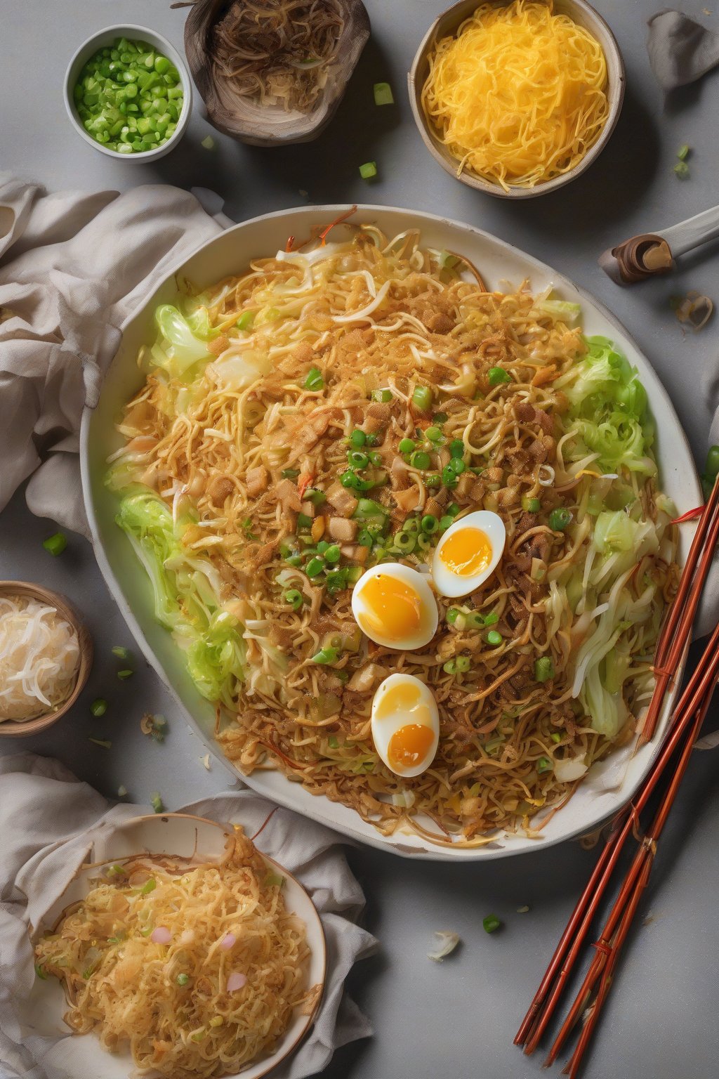 A high-resolution photo of egg fried chow mein with golden scrambled eggs, cabbage, and crispy noodles under soft lighting.