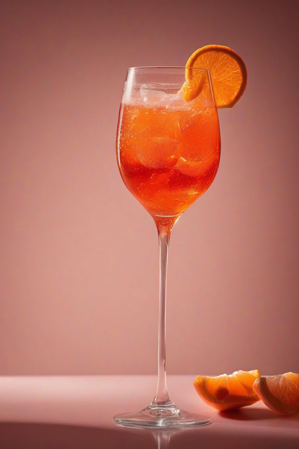A high-resolution photo of a classic Aperol Spritz in a wine glass with orange slice garnish, bubbles rising under soft lighting.