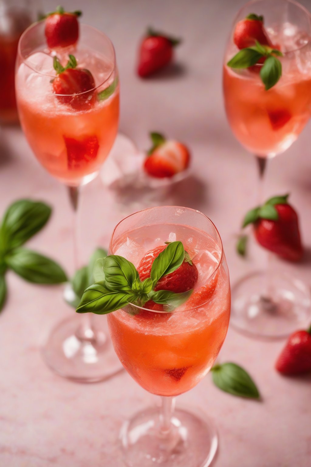 A high-resolution photo of a strawberry basil Aperol Spritz garnished with fresh basil and strawberry slices, fizzy and pinkish under soft lighting.