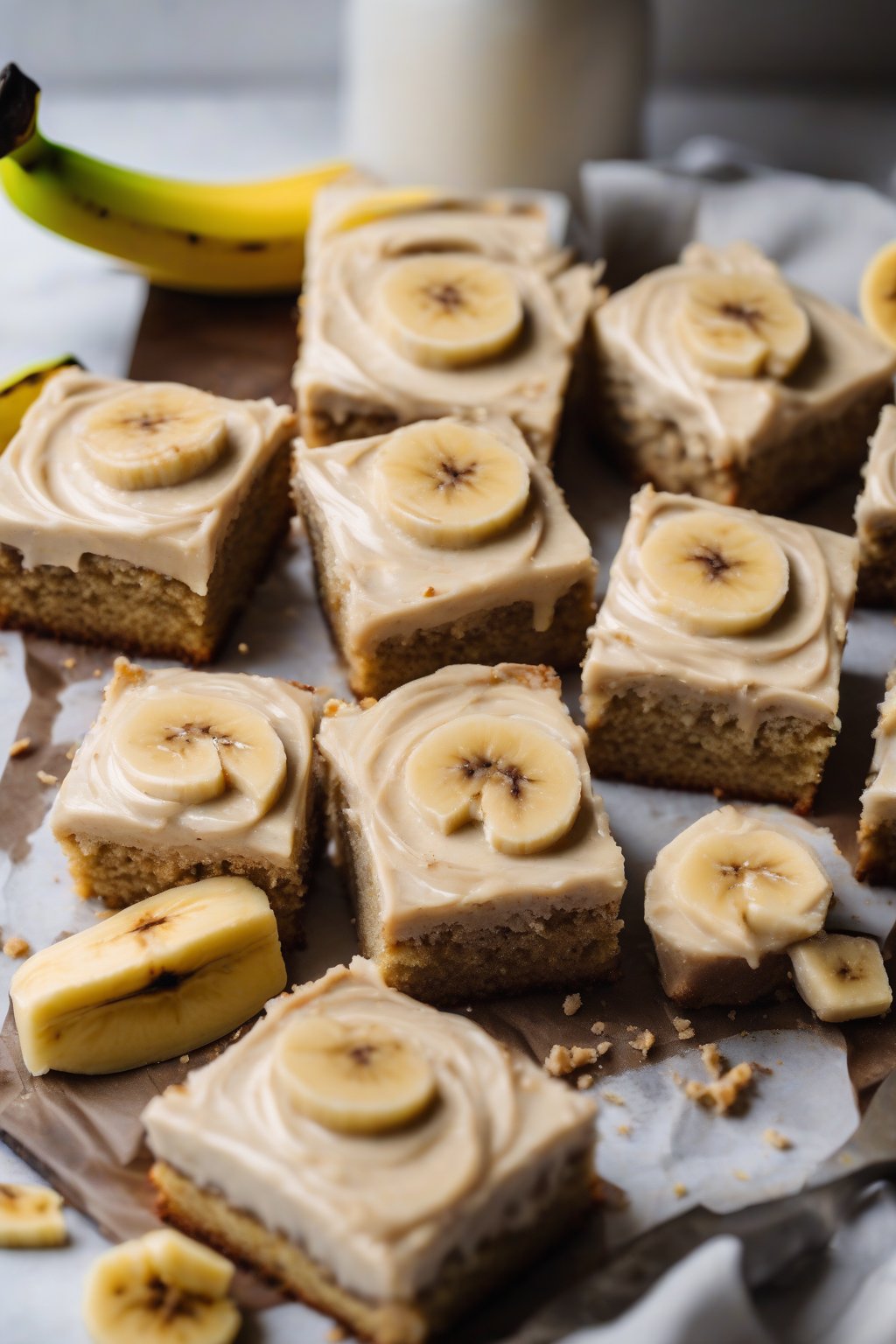 A high-resolution photo of banana cake squares with swirled brown butter frosting and banana slices, under soft lighting.