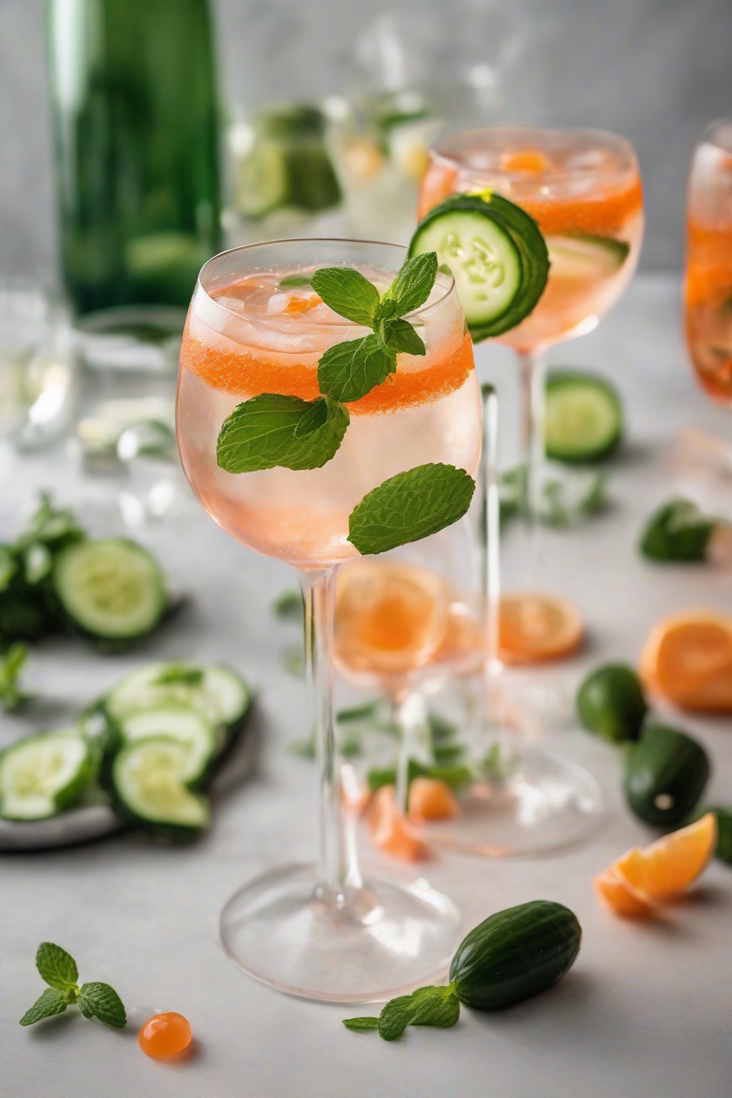 A high-resolution photo of a cucumber mint Aperol Spritz with ribbon garnish, refreshing green accents and bubbles under soft lighting.