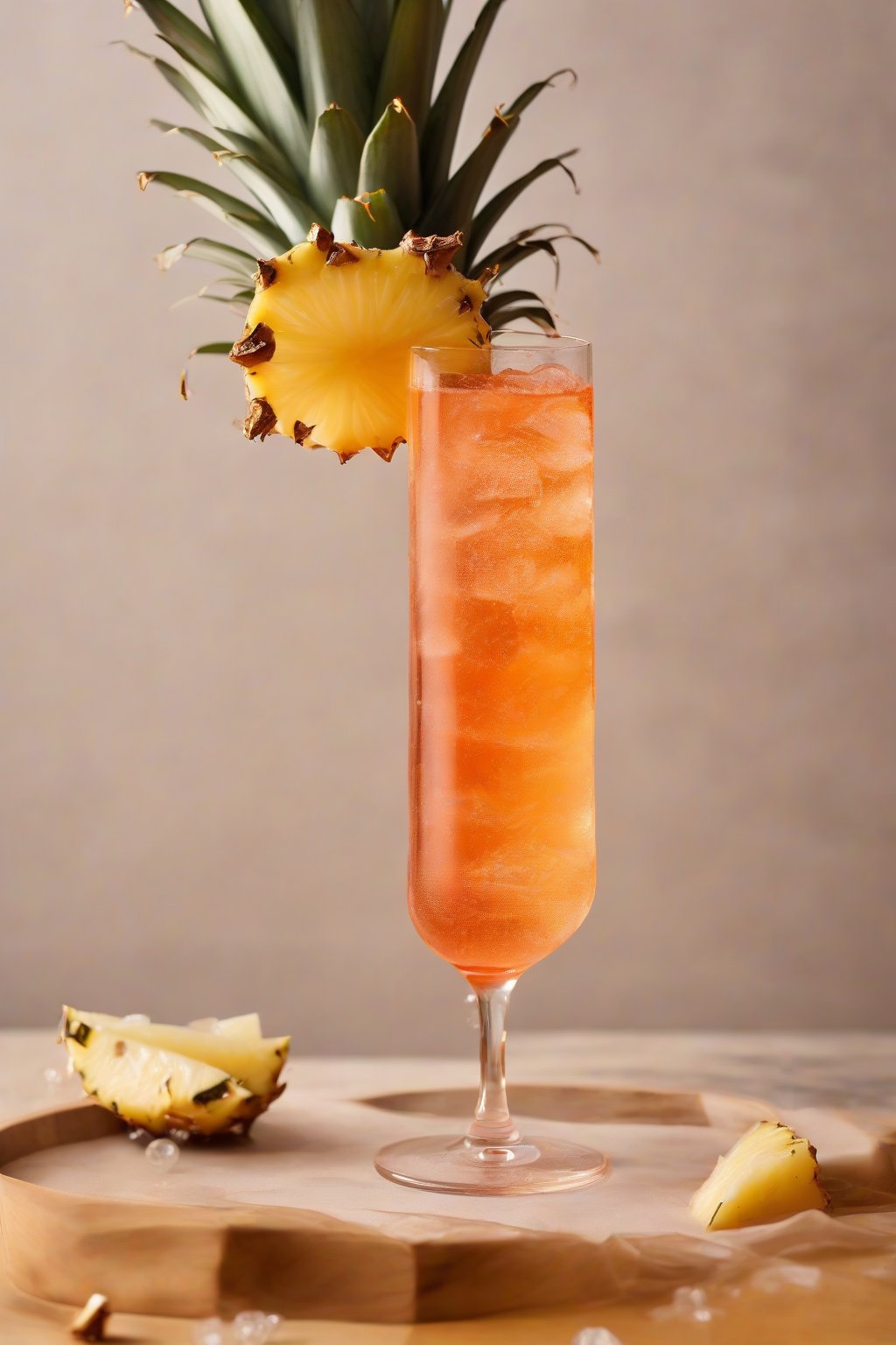 A high-resolution photo of a pineapple ginger Aperol Spritz topped with a pineapple wedge, golden bubbles under soft lighting.