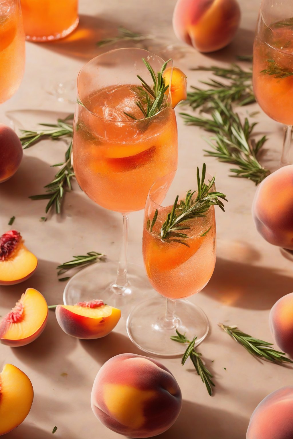 A high-resolution photo of a peach rosemary Aperol Spritz with muddled peach bits and herb sprig, warm tones under soft lighting.