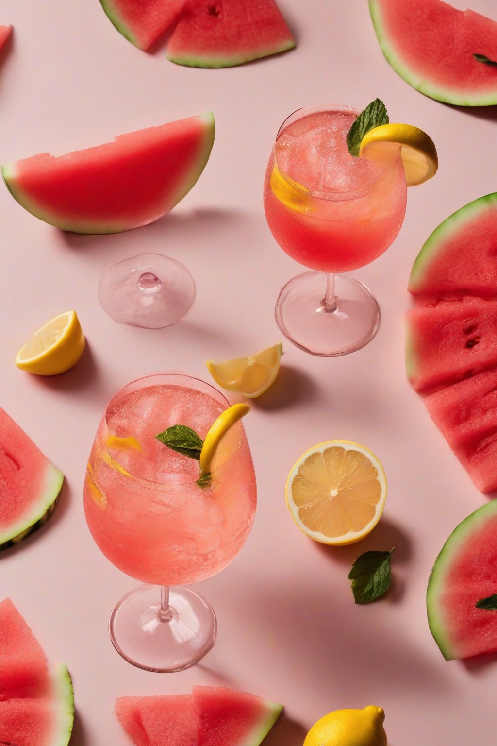 A high-resolution photo of a watermelon lemon Aperol Spritz with juicy pink hue and lemon twist, sparkling under soft lighting.
