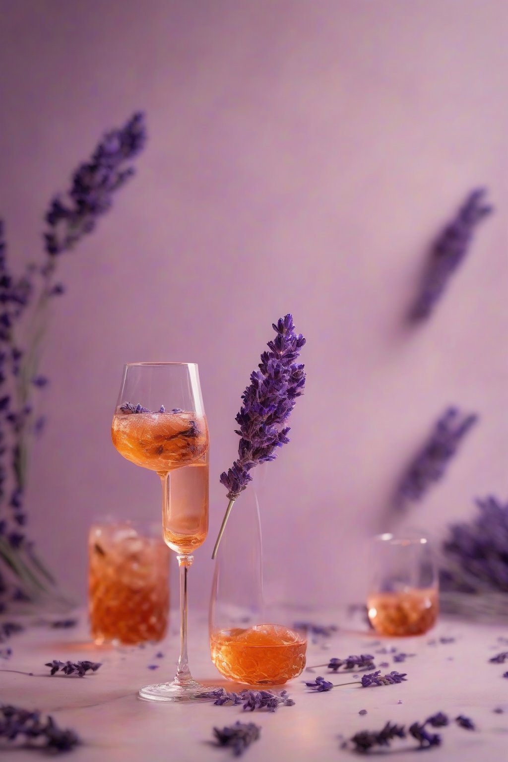 A high-resolution photo of a lavender honey Aperol Spritz with floating dried lavender, soft purple glow under soft lighting.