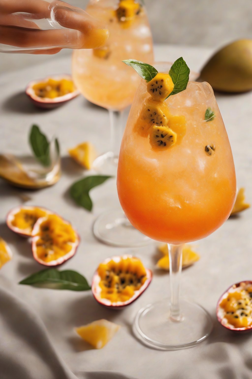A high-resolution photo of a mango passionfruit Aperol Spritz with seeded pulp and mango chunks, tropical vibrancy under soft lighting.