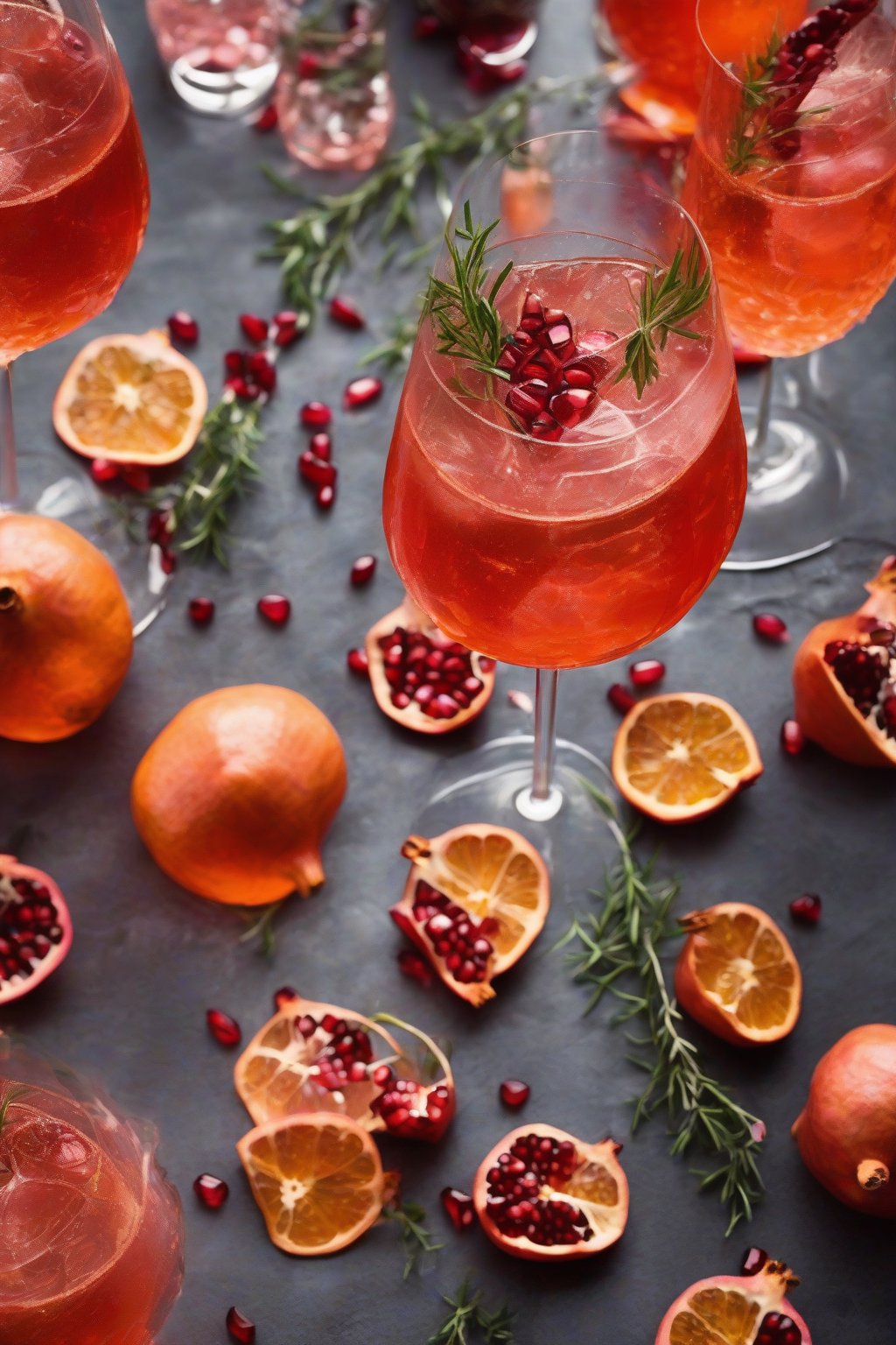 A high-resolution photo of a pomegranate thyme Aperol Spritz with arils and herb sprig, jewel-toned fizz under soft lighting.