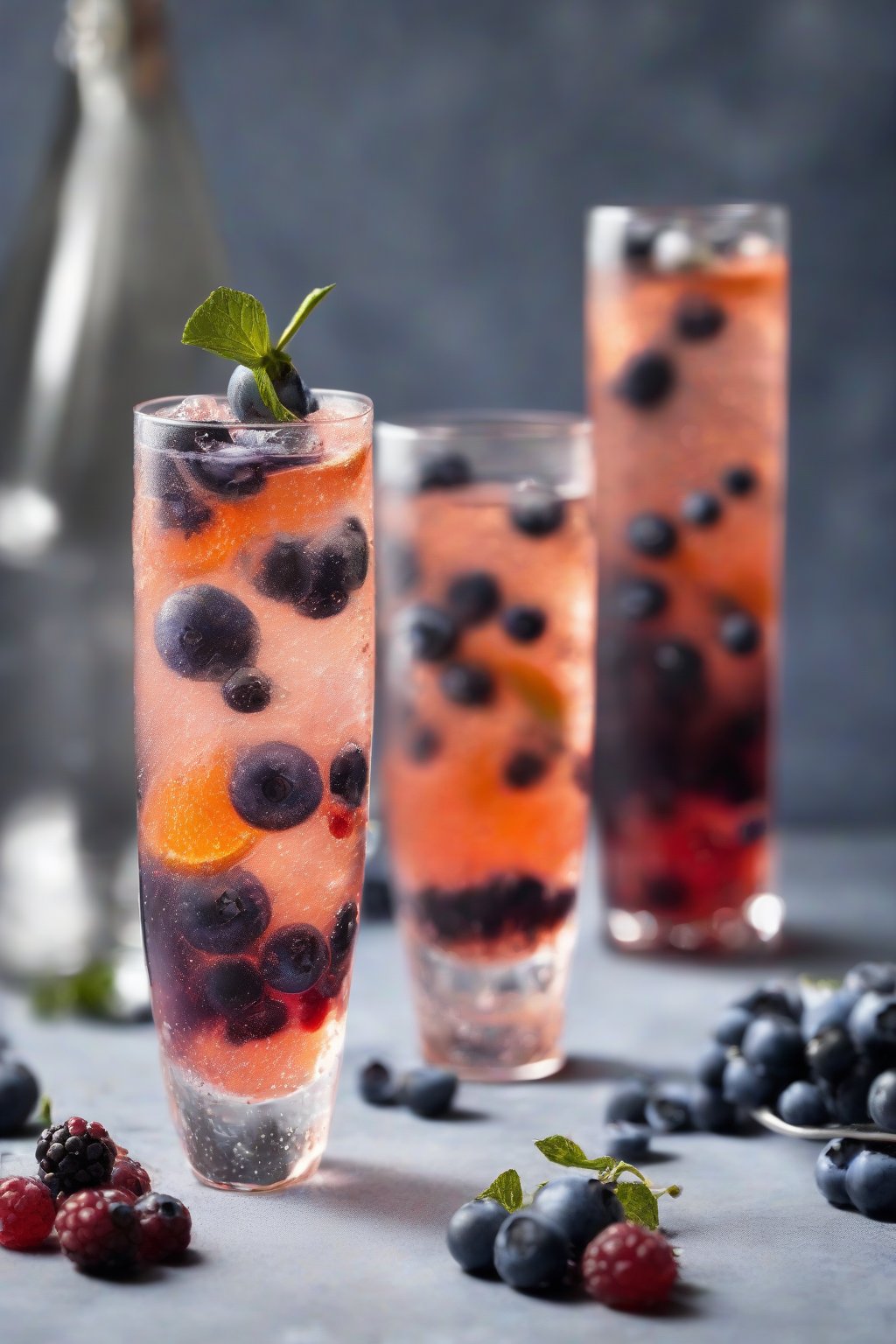 A high-resolution photo of a blueberry elderflower Aperol Spritz with muddled berries, indigo bubbles under soft lighting.
