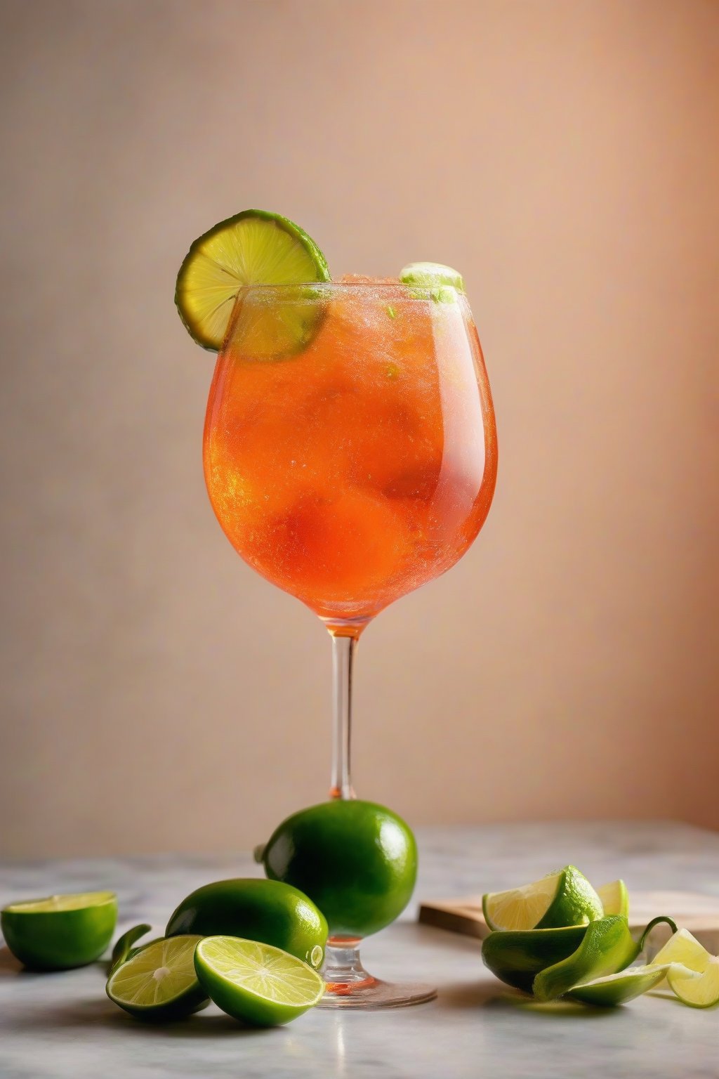 A high-resolution photo of a jalapeño lime Aperol Spritz with lime wheel and pepper slices, spicy green accents under soft lighting.