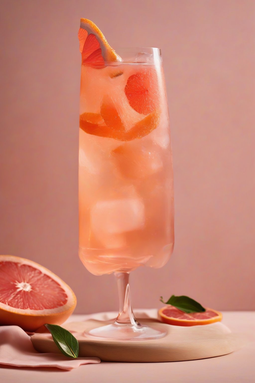A high-resolution photo of a grapefruit vanilla Aperol Spritz with twist garnish, soft pink grapefruit hues under soft lighting.