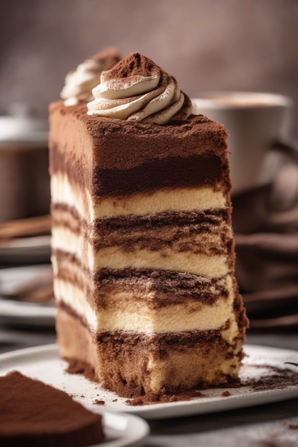 A high-resolution photo of tiramisu cake layers dusted with cocoa, revealing coffee-soaked edges and creamy filling, under soft lighting.