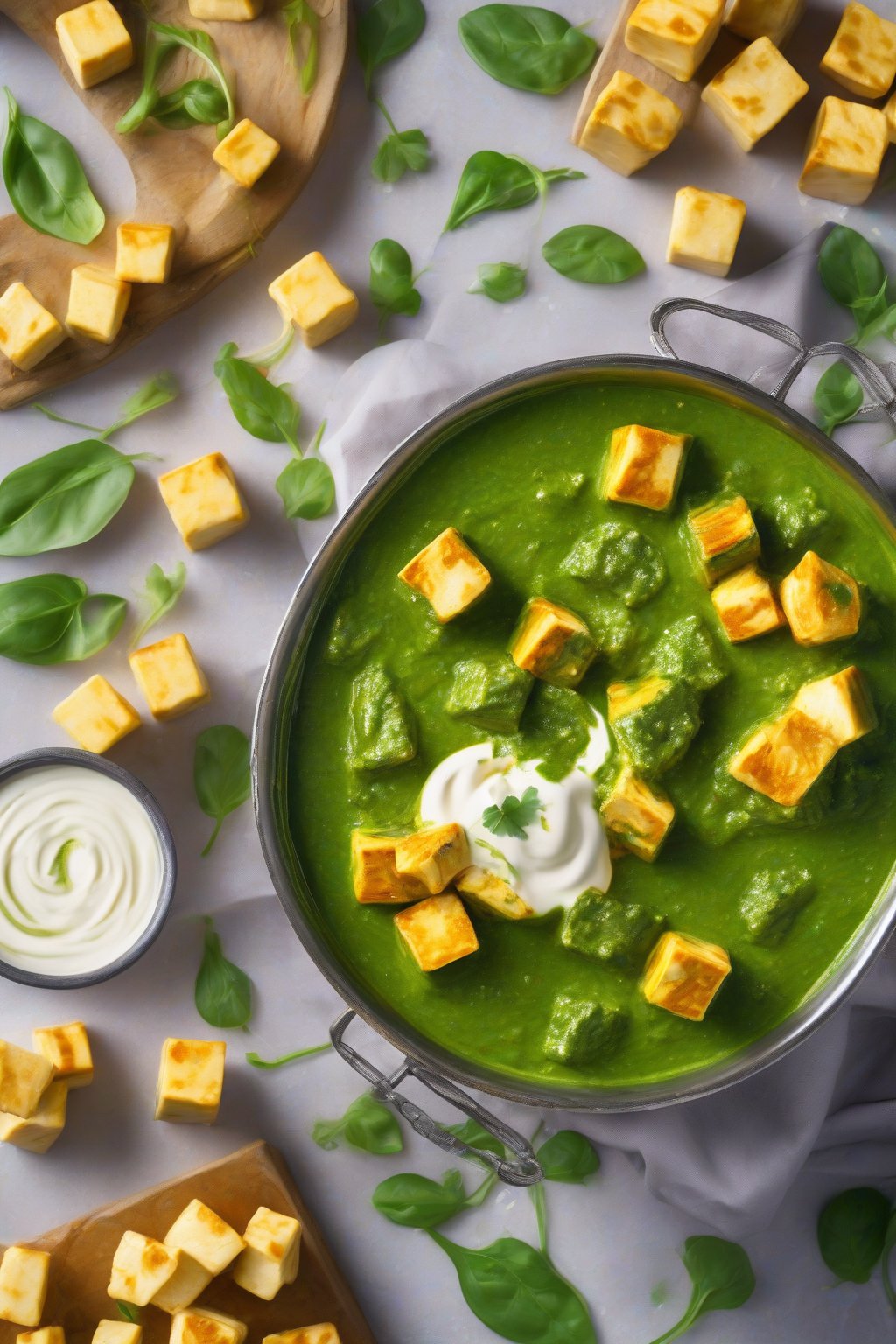 A high-resolution close-up photo of classic creamy palak paneer with golden paneer cubes in vibrant green sauce, garnished with cream swirl, under soft lighting.