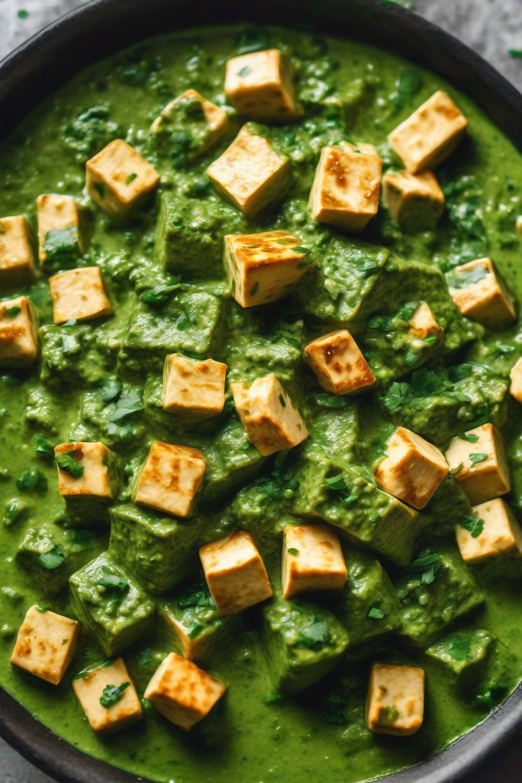 A high-resolution close-up photo of vegan creamy palak paneer with tofu cubes in lush green coconut-infused sauce, topped with cilantro, under soft lighting.