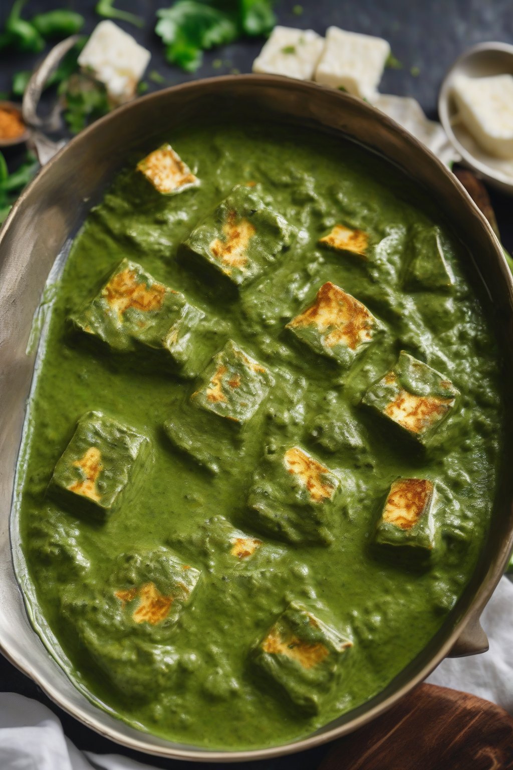 A high-resolution close-up photo of keto creamy palak paneer, glossy green sauce enveloping paneer, drizzled with butter, under soft lighting.