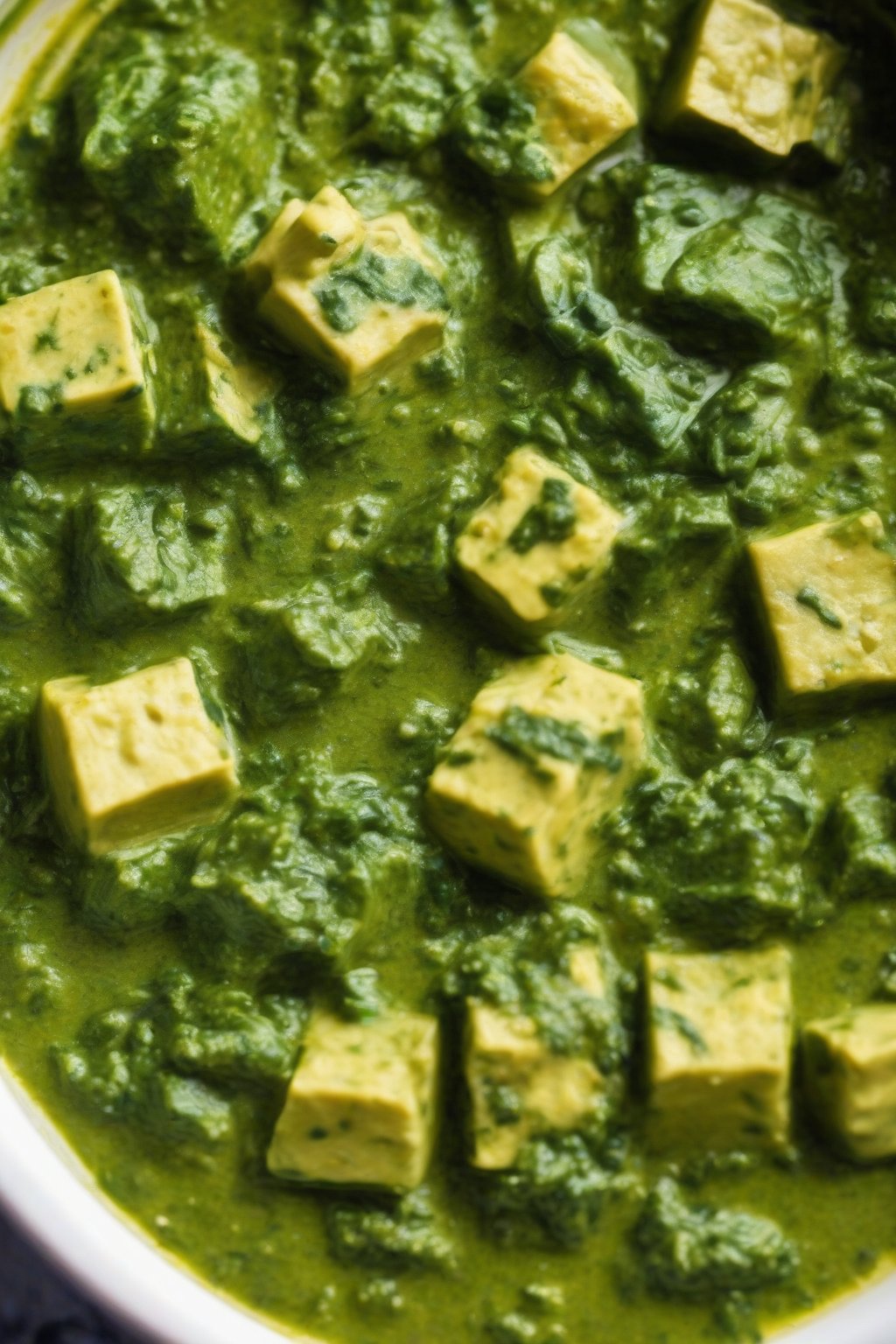A high-resolution close-up photo of Instant Pot creamy palak paneer steaming in a bowl, vibrant green with tender paneer, under soft lighting.