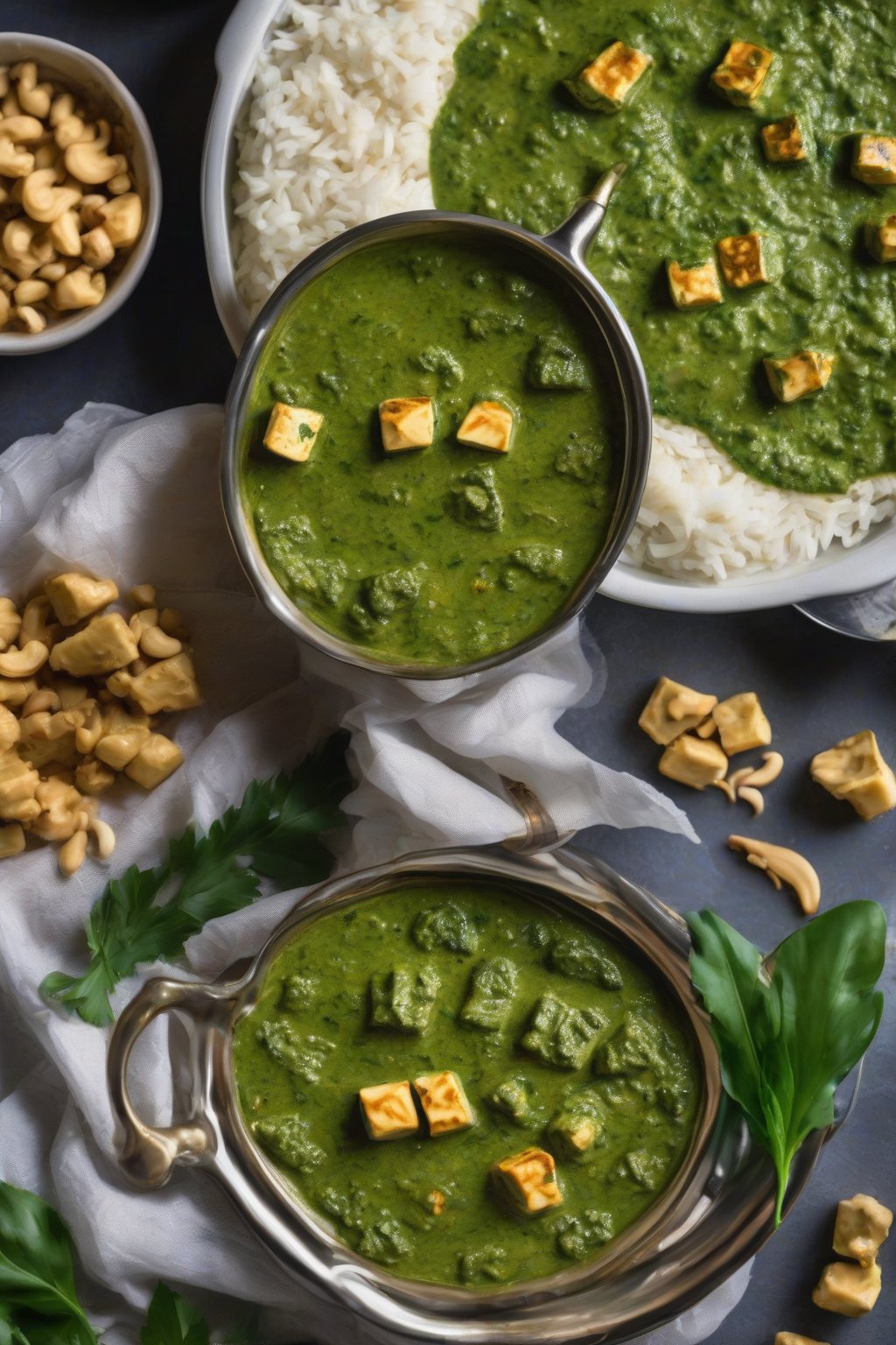A high-resolution close-up photo of restaurant-style creamy palak paneer, silky cashew-enriched sauce shining over paneer, under soft lighting.