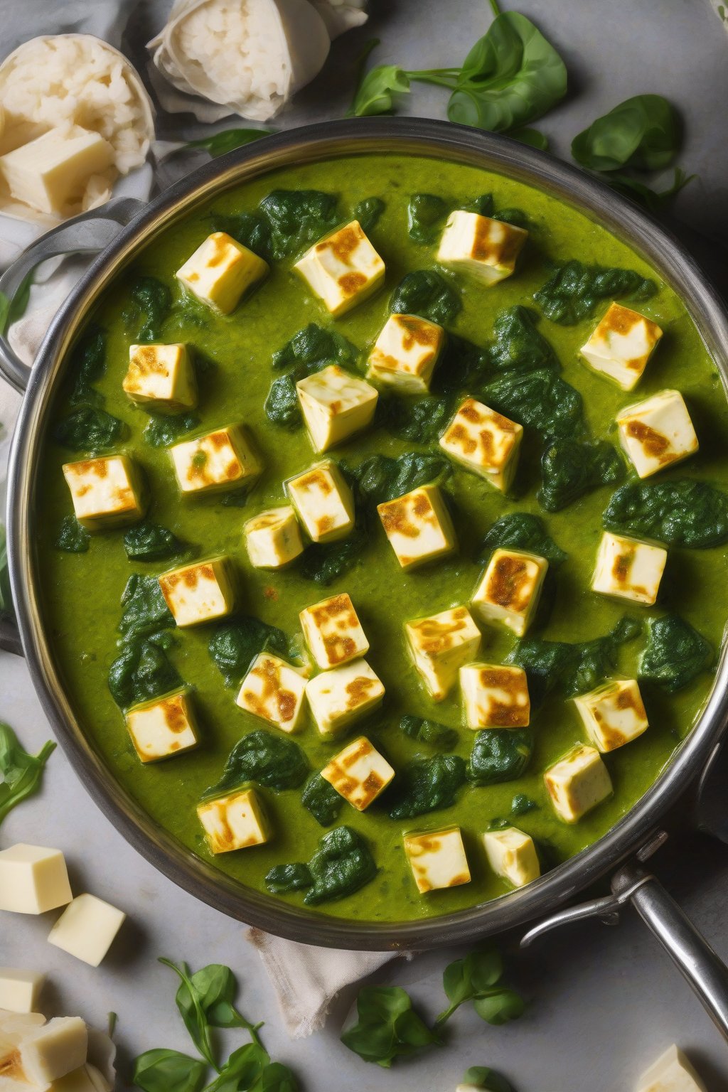 A high-resolution close-up photo of butter-infused creamy palak paneer, glossy with floating butter pools around paneer cubes, under soft lighting.