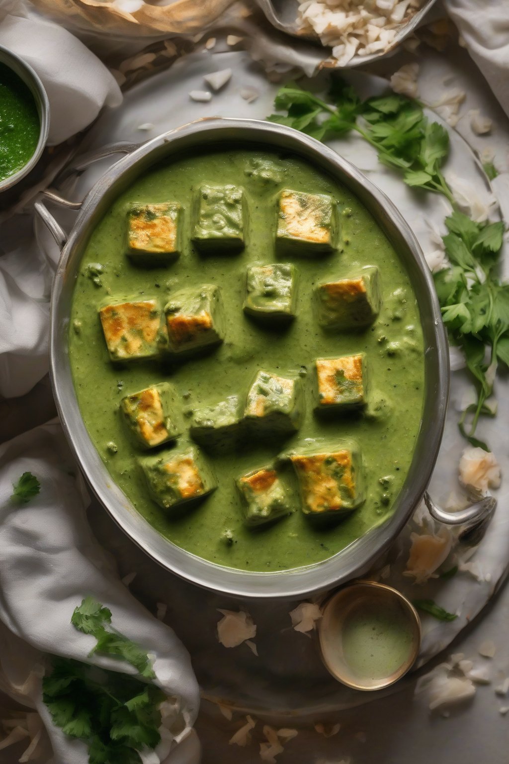 A high-resolution close-up photo of coconut milk creamy palak paneer, pale green sauce with coconut flecks hugging paneer, under soft lighting.