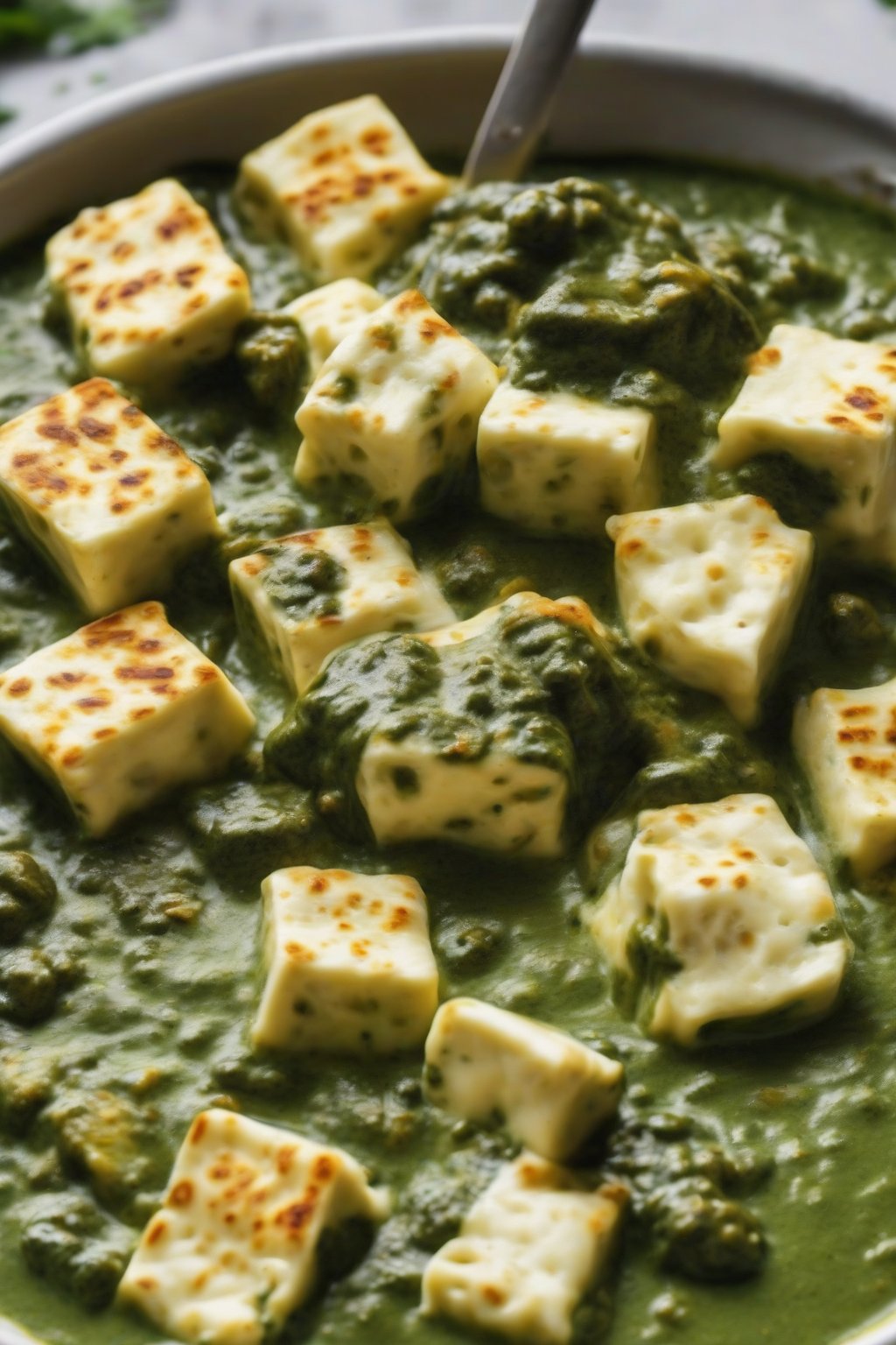 A high-resolution close-up photo of cheese-loaded creamy palak paneer, molten cheese strings in green sauce over paneer, under soft lighting.