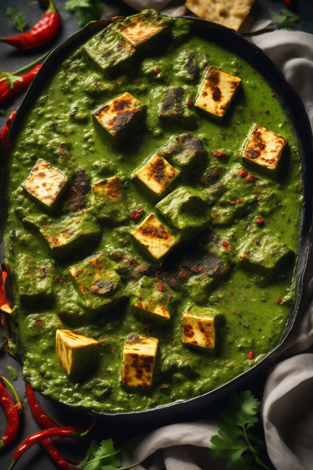 A high-resolution close-up photo of spicy creamy palak paneer, fiery green sauce with chili flecks around charred paneer edges, under soft lighting.
