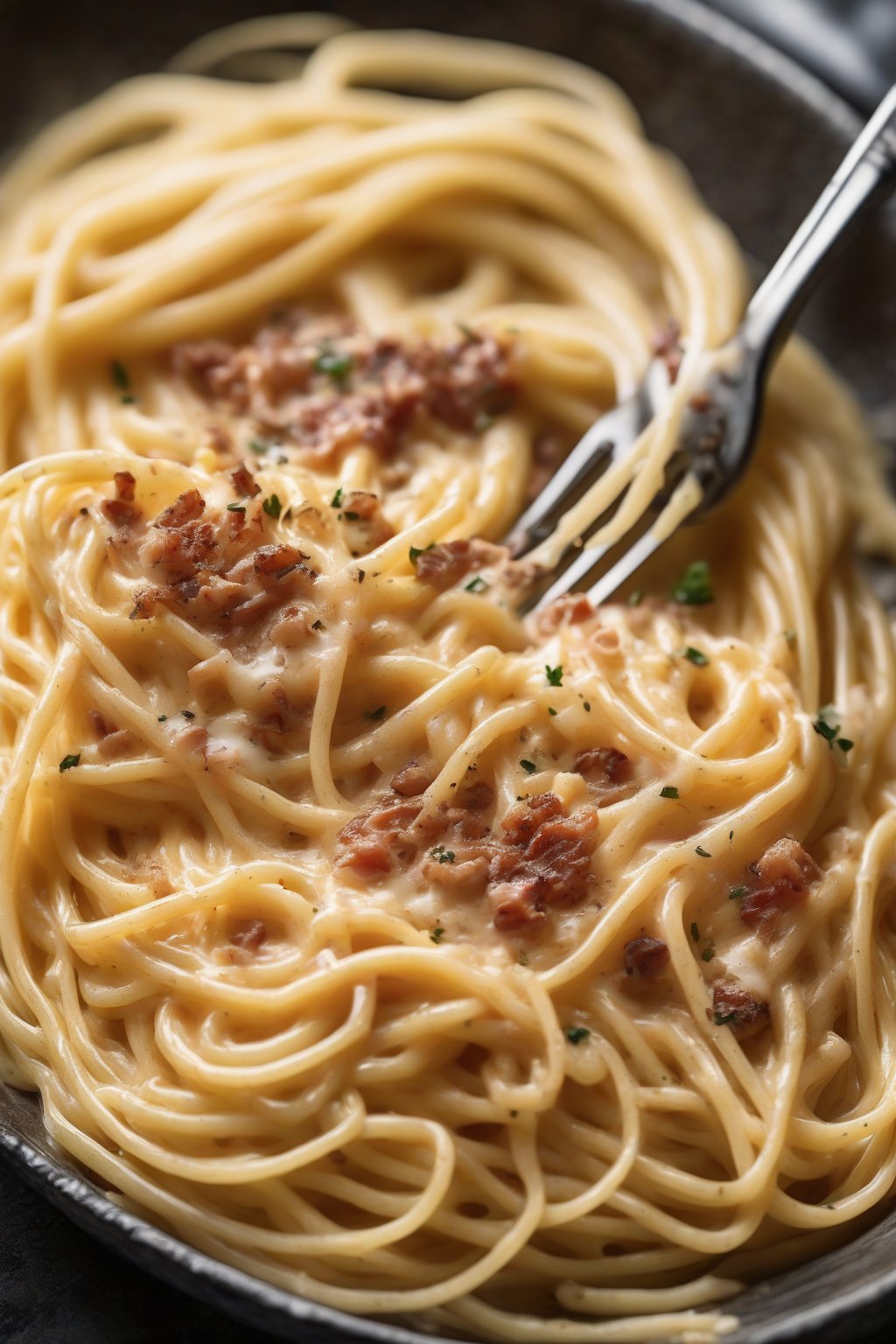 A high-resolution photo of steaming spaghetti carbonara twirled on a fork, glossy egg sauce clinging to strands with crispy guanciale bits, under soft lighting.