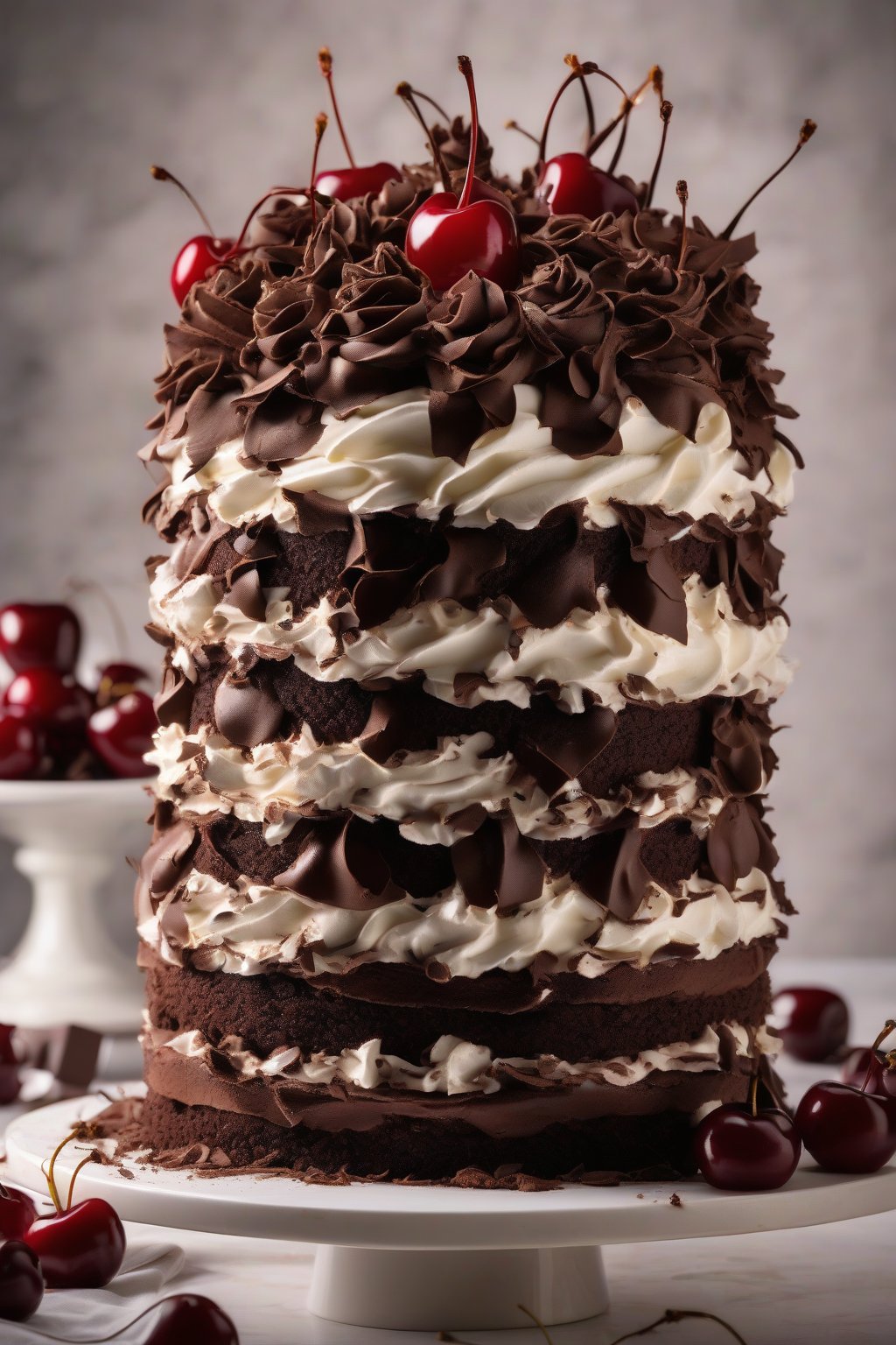 A high-resolution photo of a towering Black Forest cake with chocolate layers, cherry filling, whipped cream rosettes, and shavings, under soft lighting.