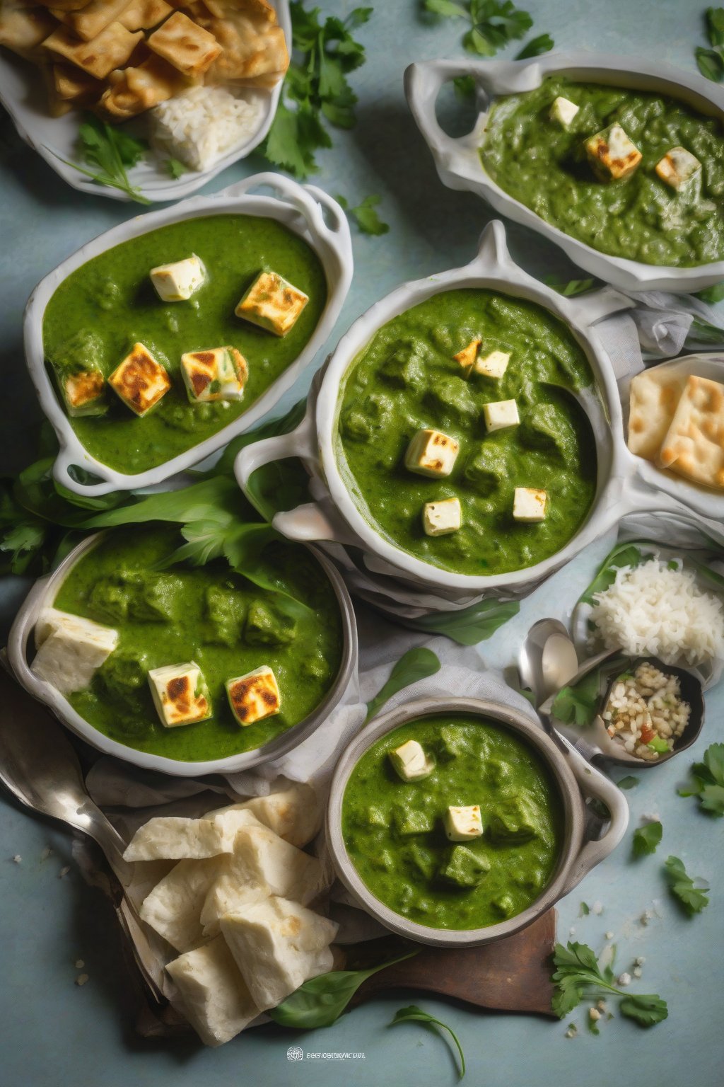 A high-resolution close-up photo of mild family-friendly creamy palak paneer, smooth pastel green sauce with soft paneer cubes, under soft lighting.