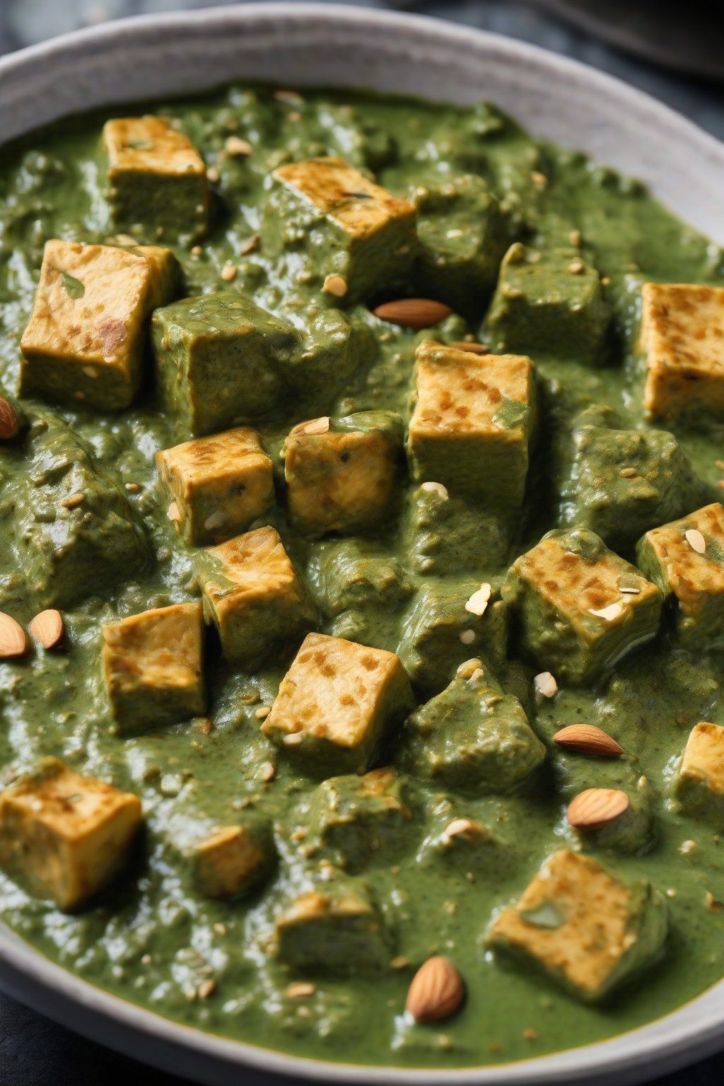 A high-resolution close-up photo of nutty almond creamy palak paneer, textured green sauce with almond specks embracing paneer, under soft lighting.