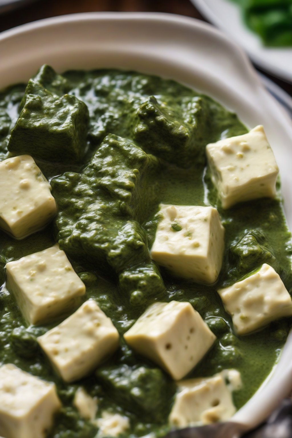 A high-resolution close-up photo of Greek yogurt creamy palak paneer, thick velvety sauce clinging to paneer cubes, under soft lighting.