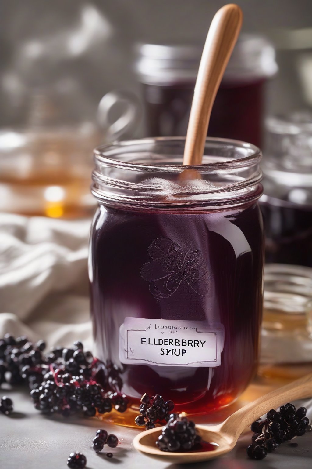 A high-resolution photo of classic honey elderberry syrup in a clear glass jar, glistening with a wooden spoon dipped in, under soft lighting.