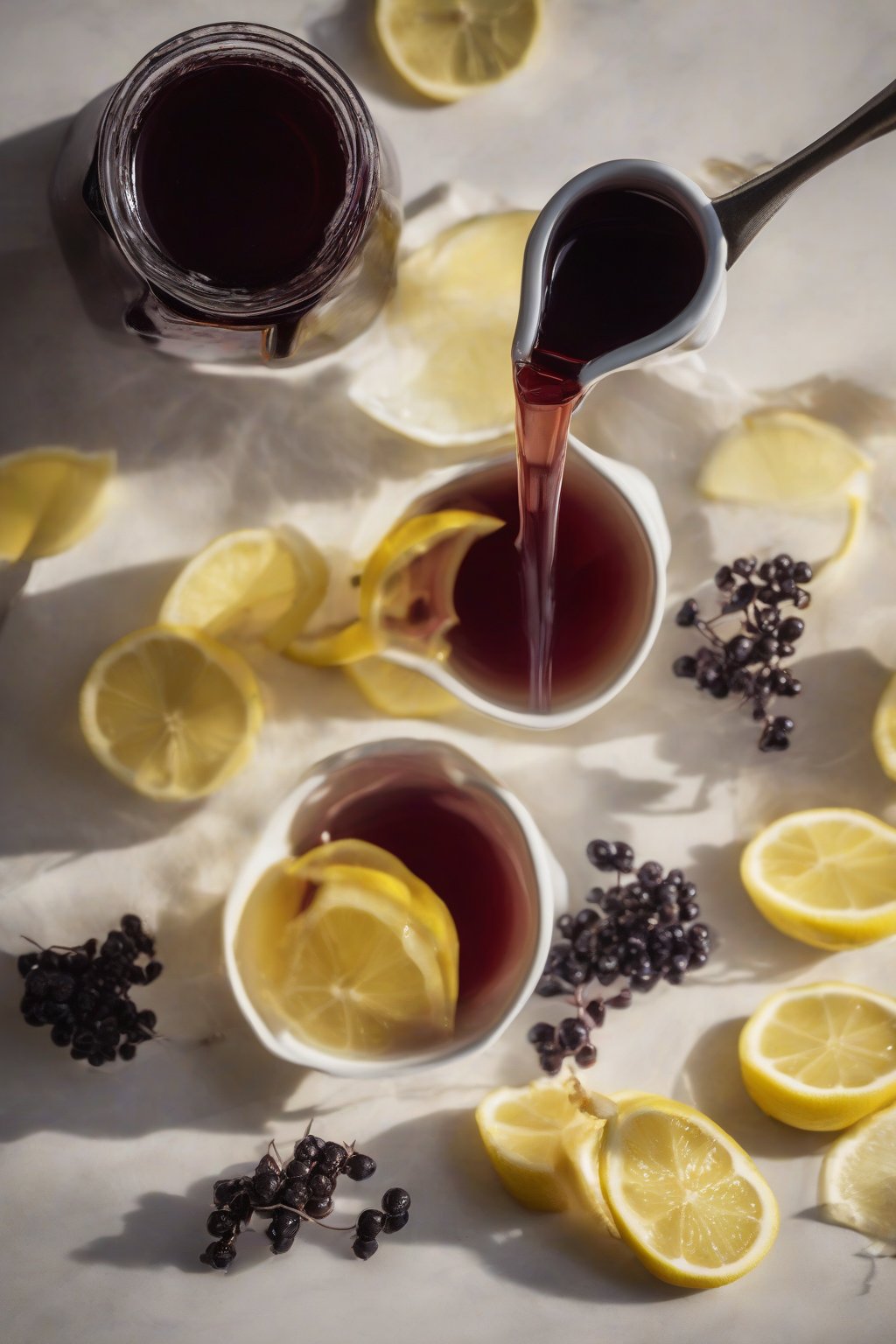 A high-resolution photo of ginger-lemon elderberry syrup poured into a small cup beside lemon slices and ginger root, under soft lighting.