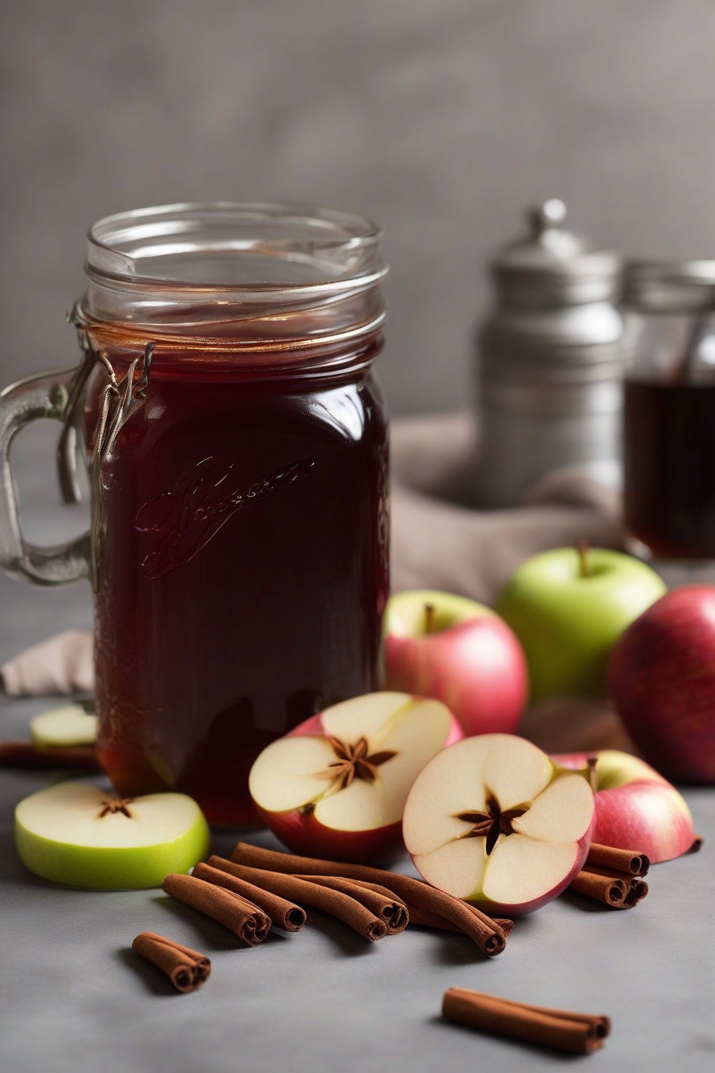 A high-resolution photo of cinnamon apple elderberry syrup in a mason jar garnished with apple slices and cinnamon sticks, under soft lighting.