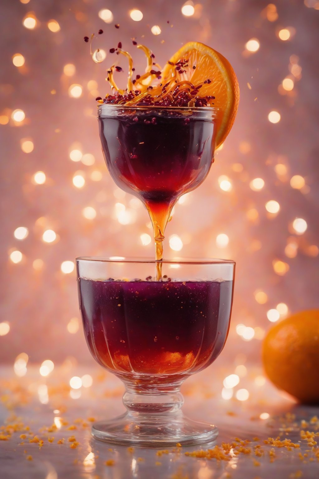 A high-resolution photo of vanilla orange elderberry syrup swirling in a glass with orange zest sprinkles, under soft lighting.