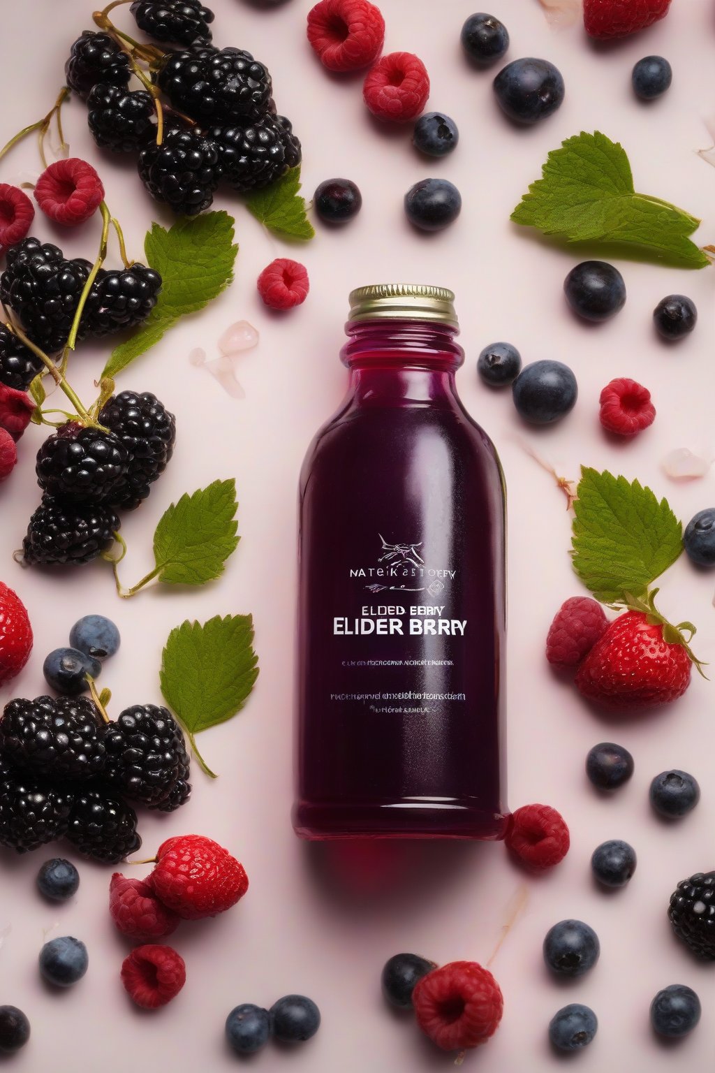 A high-resolution photo of mixed berry elderberry syrup in a bottle with fresh berries scattered around, under soft lighting.