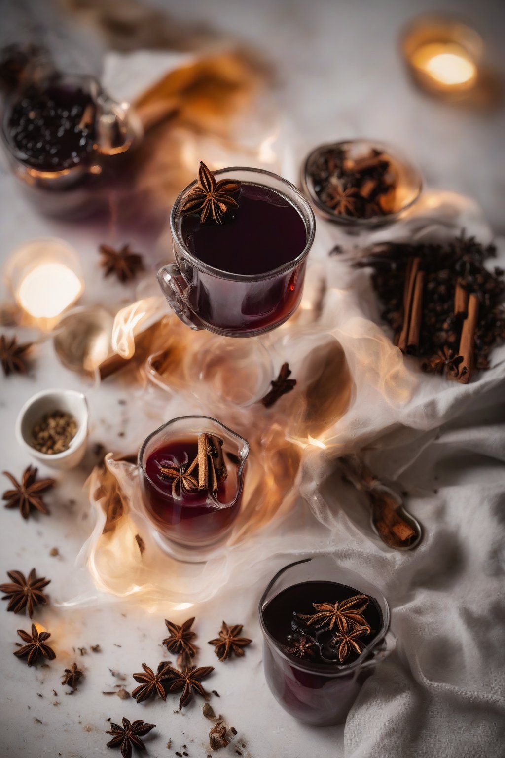 A high-resolution photo of spiced chai elderberry syrup steaming in a cup with spice garnishes, under soft lighting.