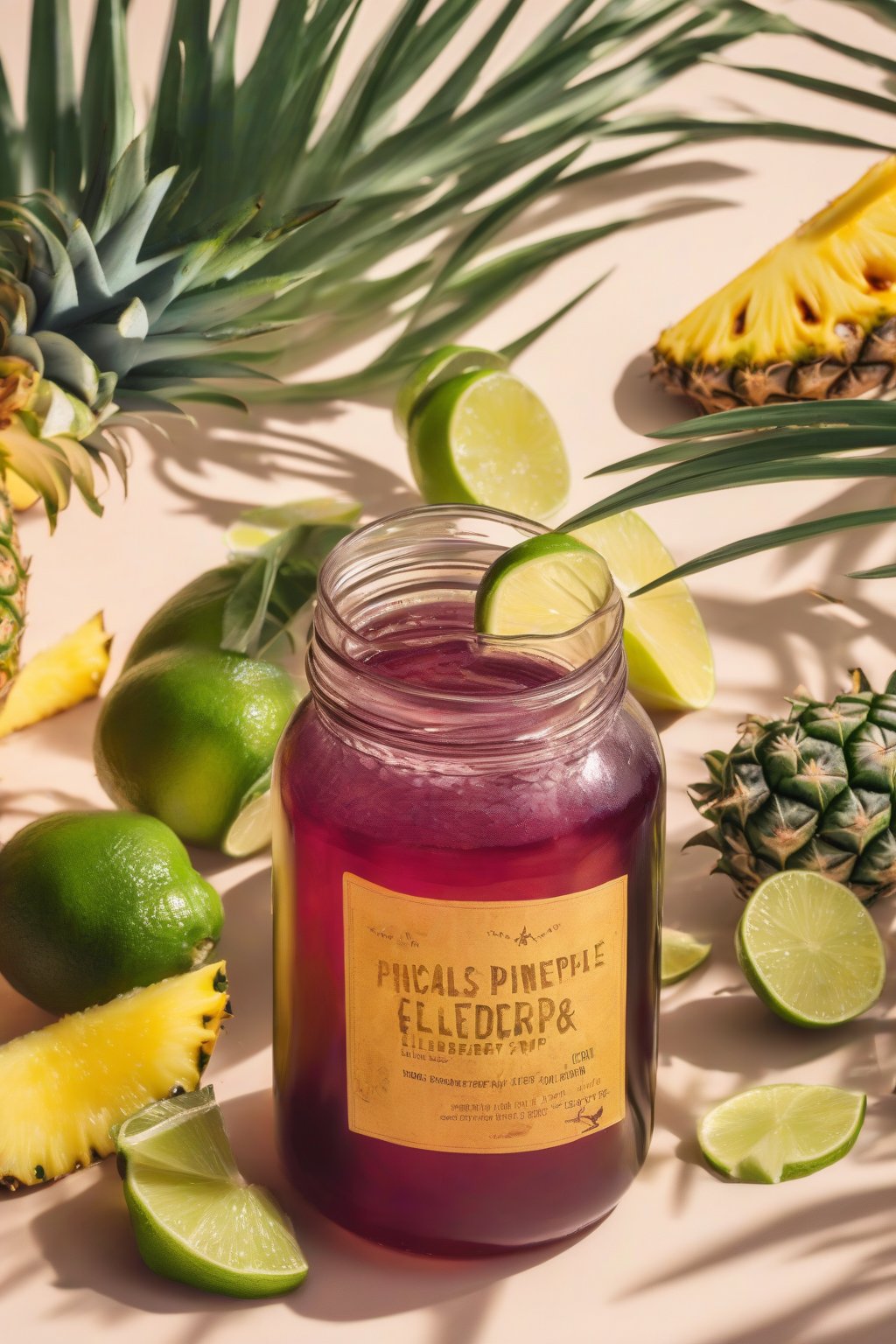 A high-resolution photo of tropical pineapple elderberry syrup in a jar with pineapple wedges and lime, under soft lighting.